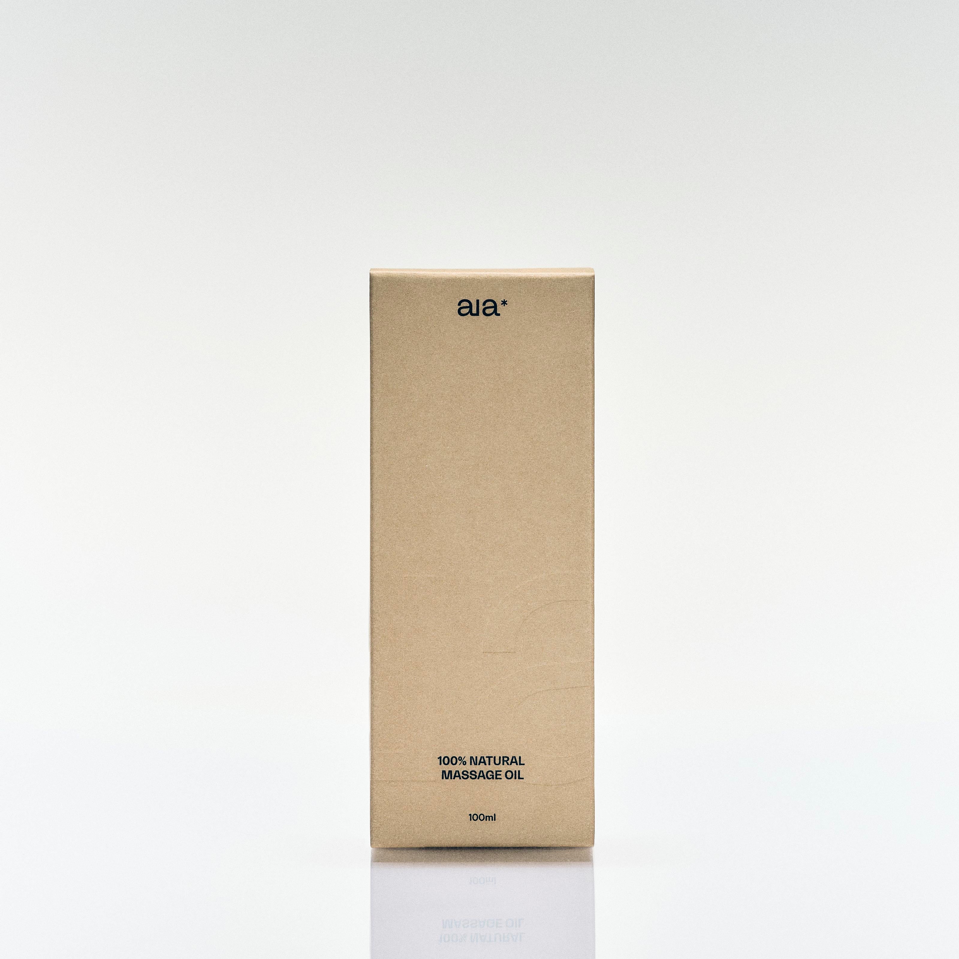Aia* 100% Natural Massage Oil packaging in minimalist amber glass bottle with neutral-toned label, 100ml, vegan and fragrance-free.