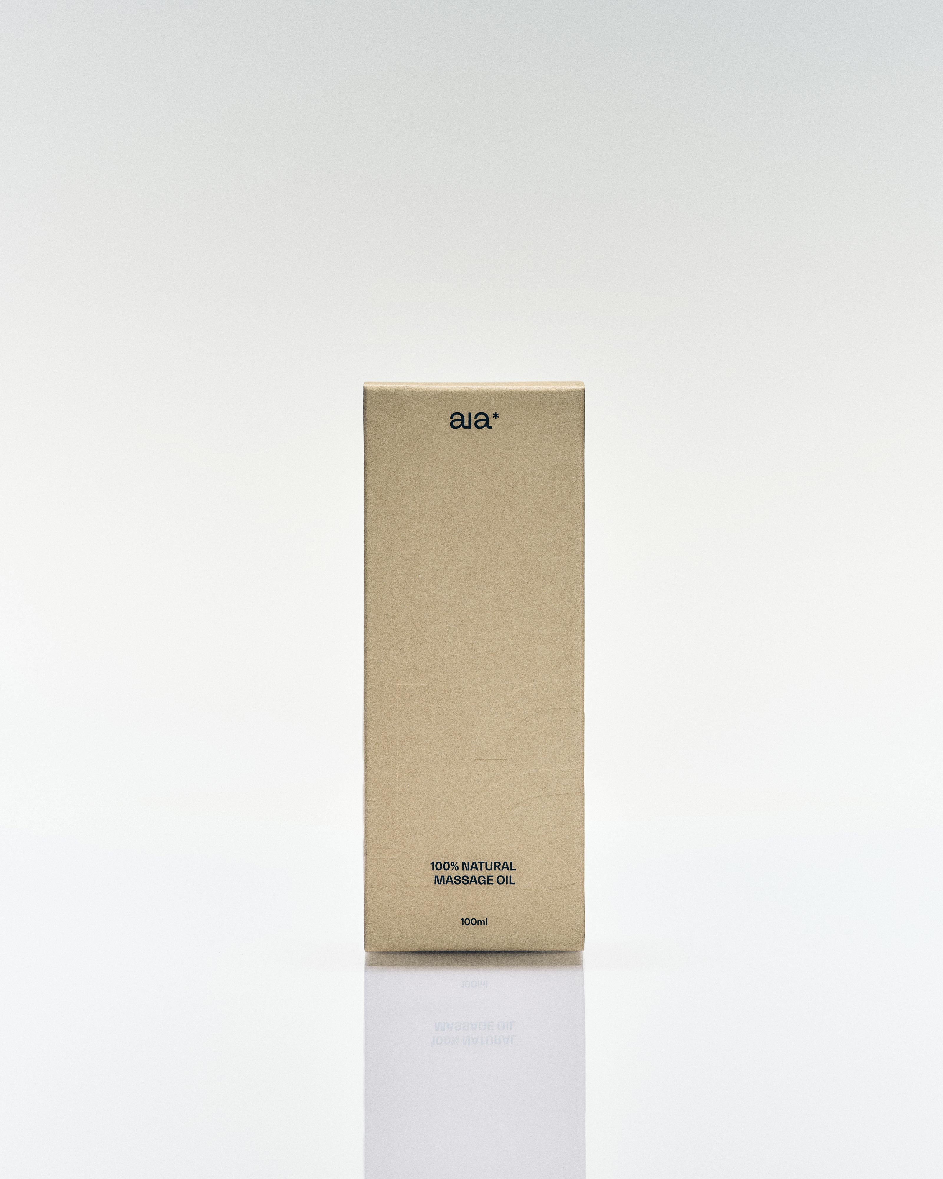 Aia* 100% Natural Massage Oil packaging in minimalist amber glass bottle with neutral-toned label, 100ml, vegan and fragrance-free.