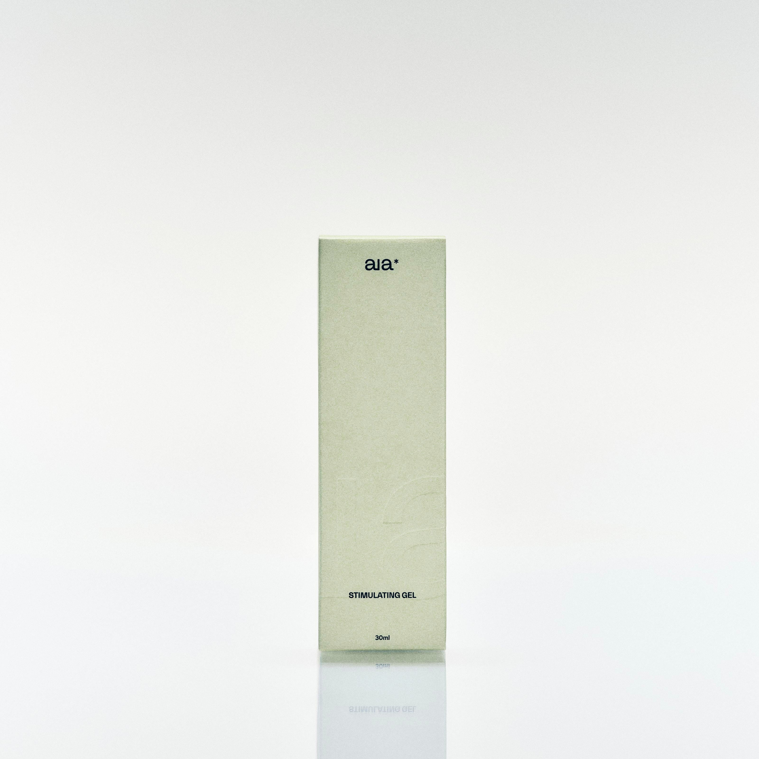 Aia* Stimulating Gel 15ml in minimalist glass bottle with plastic pump and transparent cap, featuring natural water-based formula.