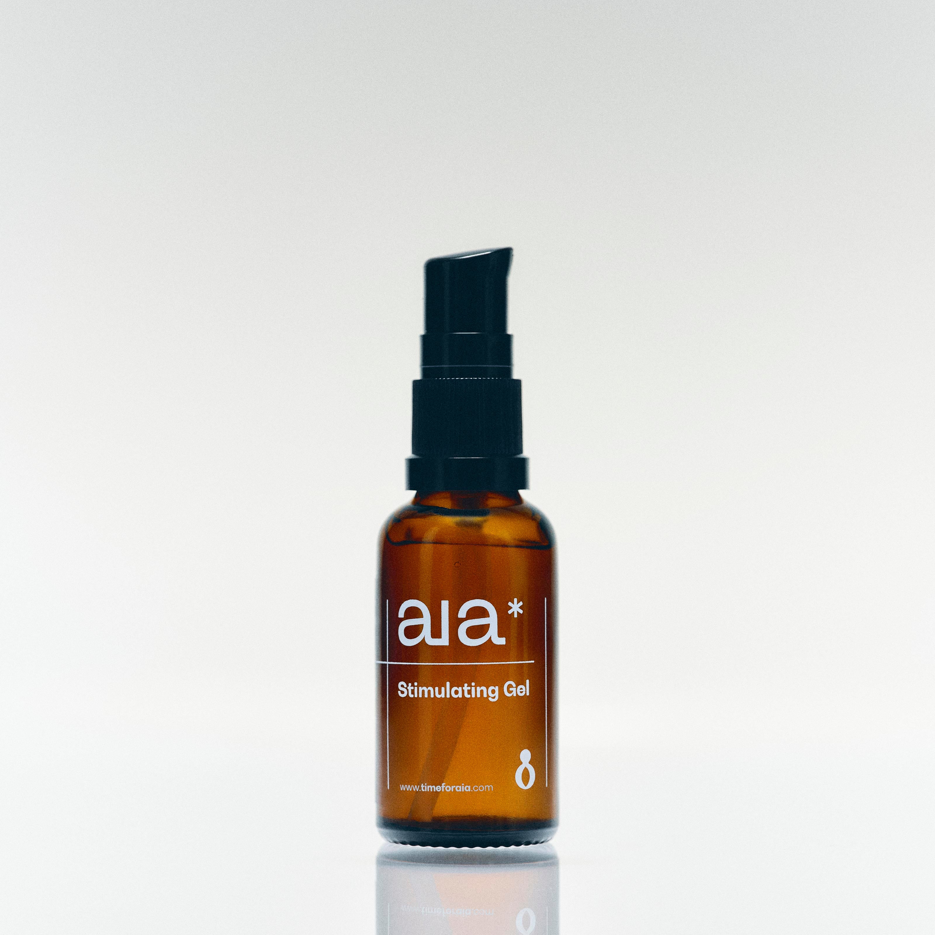 Aia* Stimulating Gel 15ml displayed on white background, showcasing its vegan, paraben-free, and cooling menthol-infused formula.