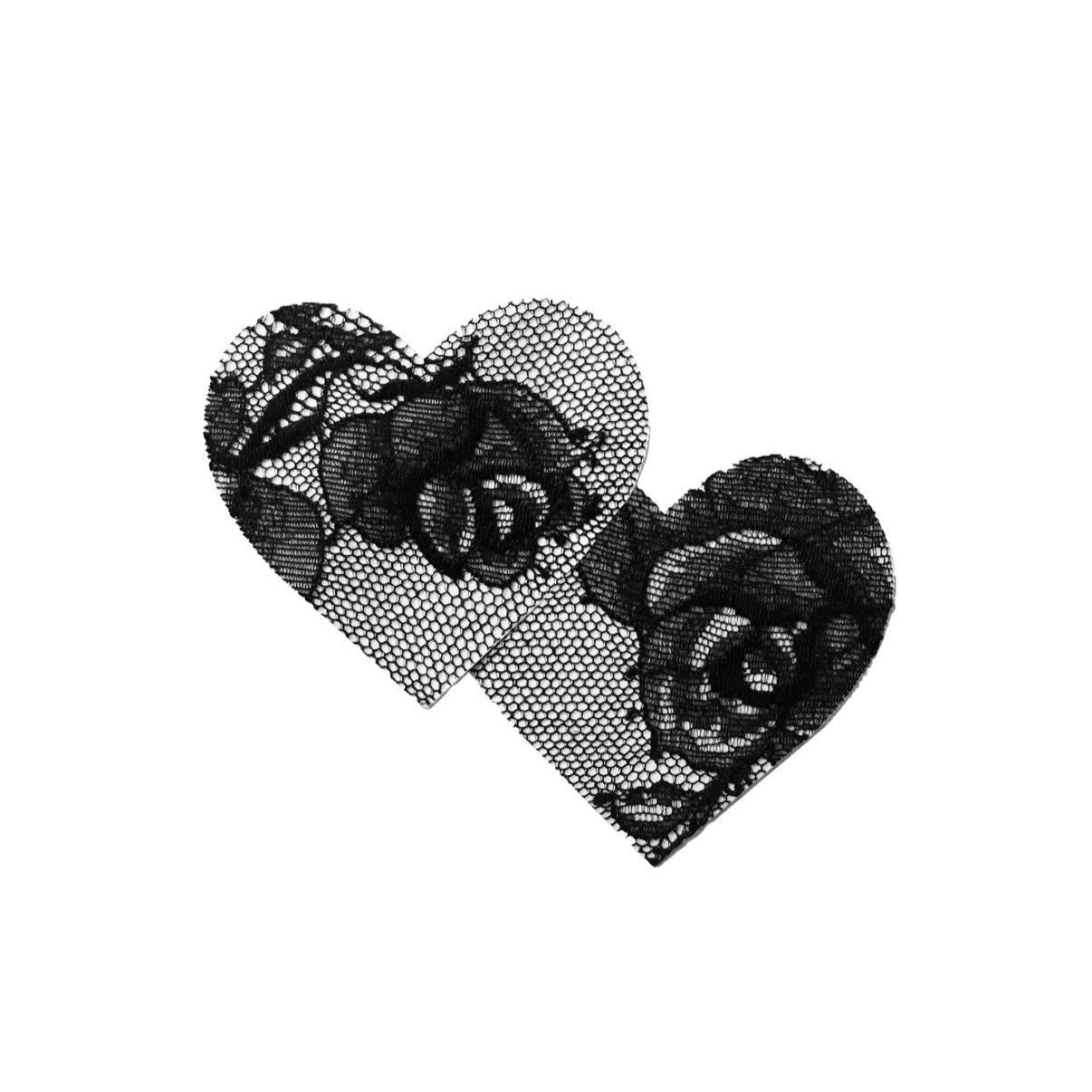 Mewmew Fleur du Mal black lace heart pasties – sexy nipple covers NZ, perfect with suspenders or sheer lingerie sets.