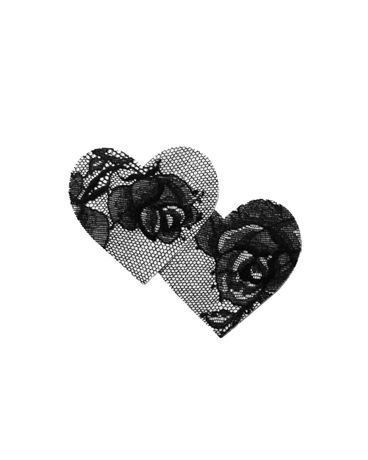 Mewmew Fleur du Mal black lace heart pasties – sexy nipple covers NZ, perfect with suspenders or sheer lingerie sets.
