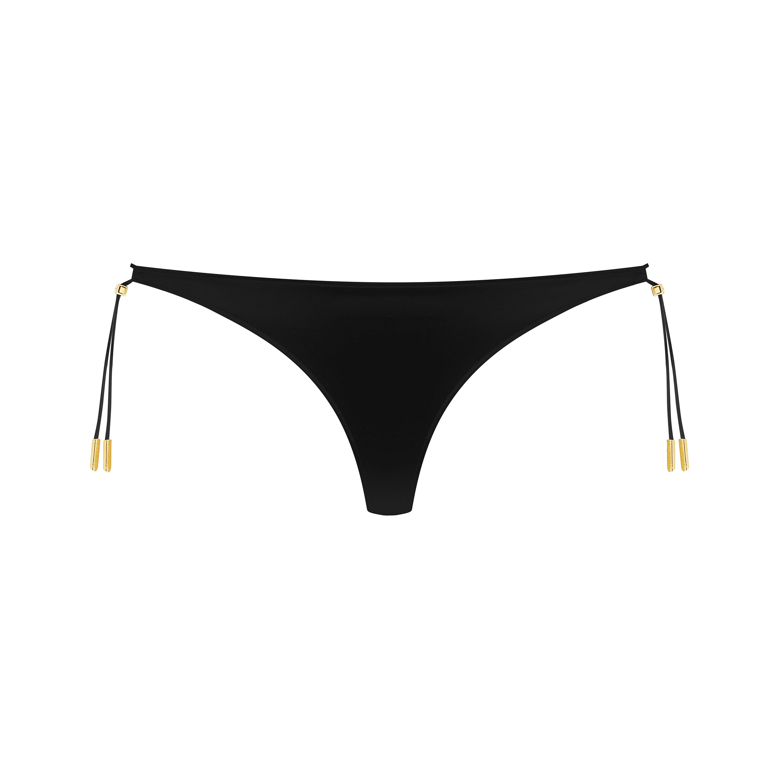 Front view of Maison Close French Kiss Straps Thong in black satin, featuring adjustable side lacing with gold lipstick tips.