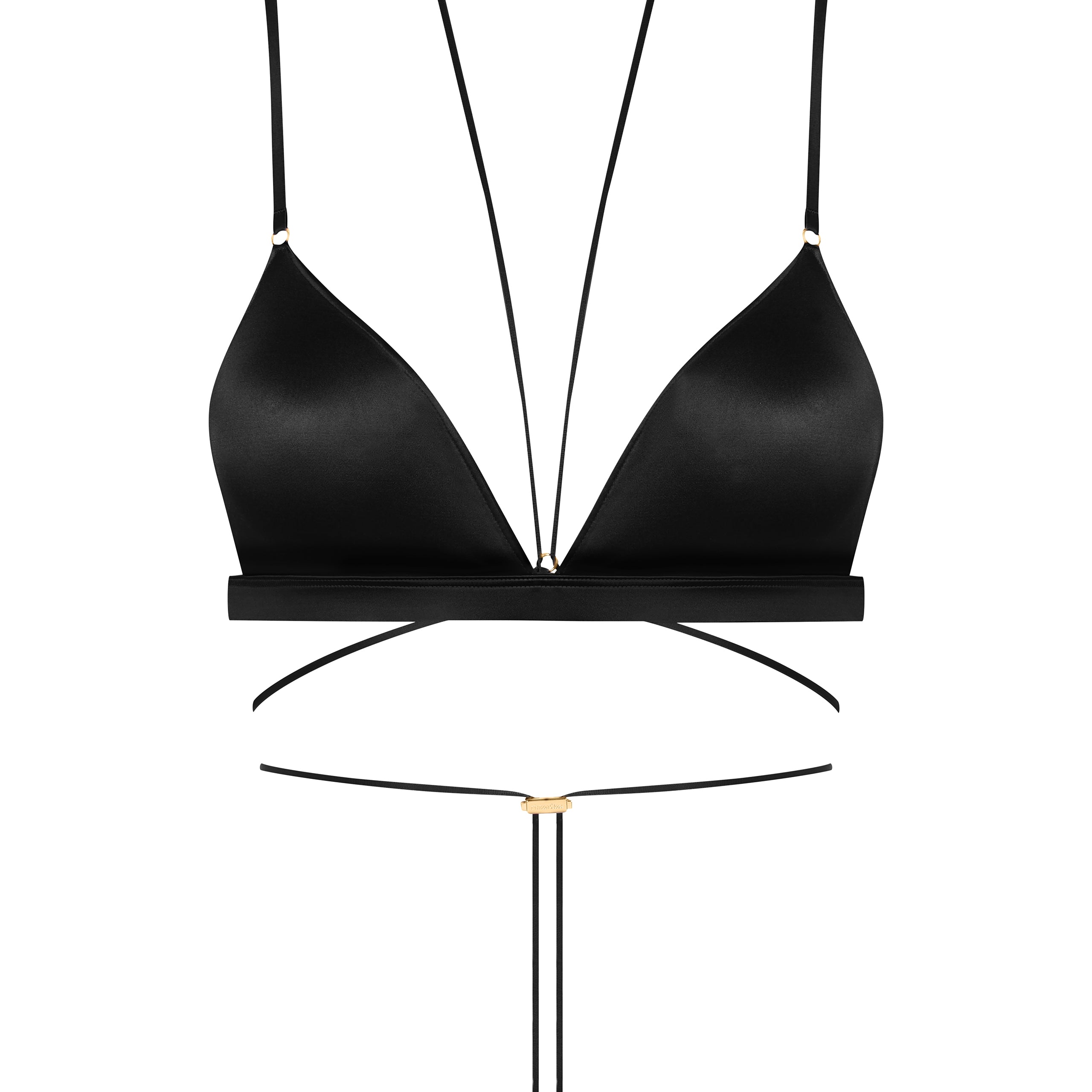 Detailed close-up of black triangle bra fabric and stitching, luxury lingerie finish.