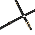Close-up of black satin American collar thong body, highlighting front string detail.