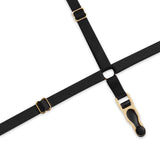 Close-up of black satin American collar thong body, highlighting front string detail.