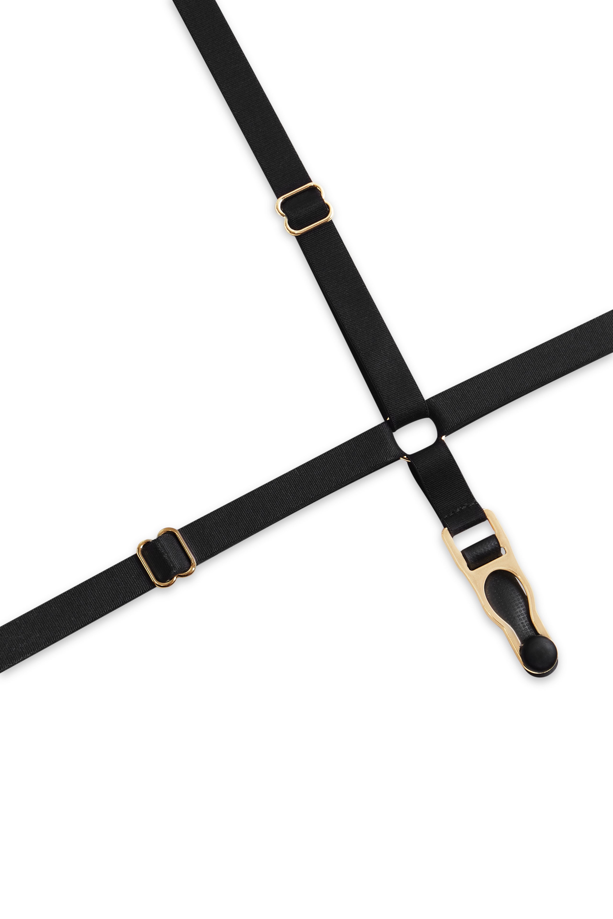 Close-up of black satin American collar thong body, highlighting front string detail.