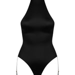Full front view of French Kiss thong body with American collar in black satin, slim-fit silhouette.