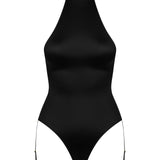 Full front view of French Kiss thong body with American collar in black satin, slim-fit silhouette.