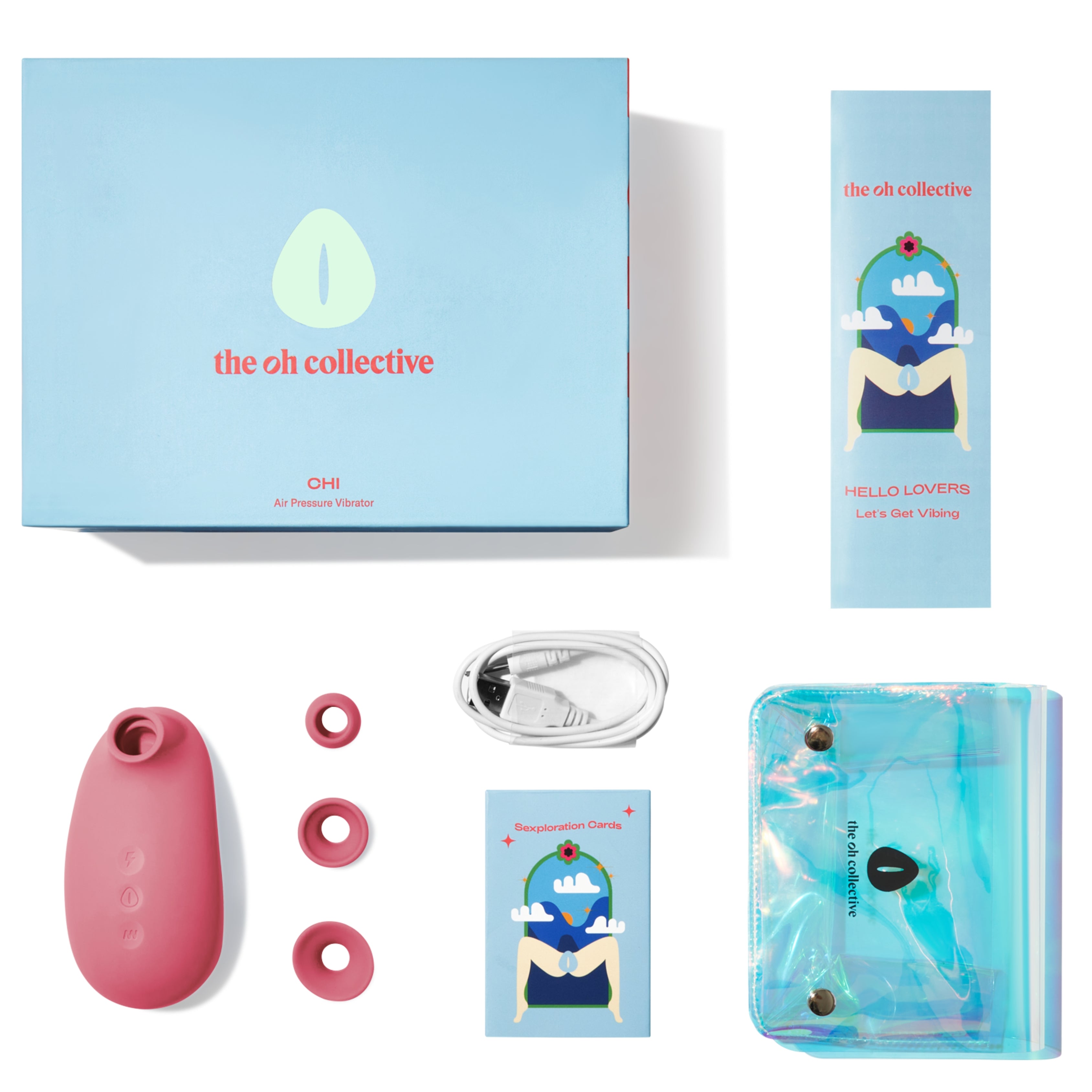 CHI vibrator with three interchangeable suction heads, USB charger, and storage pouch, all in a gift-ready box.