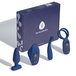 A navy blue set of remote-controlled toys including a vibrating butt plug, cock ring, slip vibrator, and pinpoint vibrator, with a remote control and a storage pouch. The packaging is purple with a flower design.