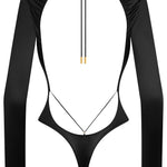Black lace long sleeve backless bodysuit – elegant lingerie NZ, pairs perfectly with suspenders, fishnet stockings, and garters.