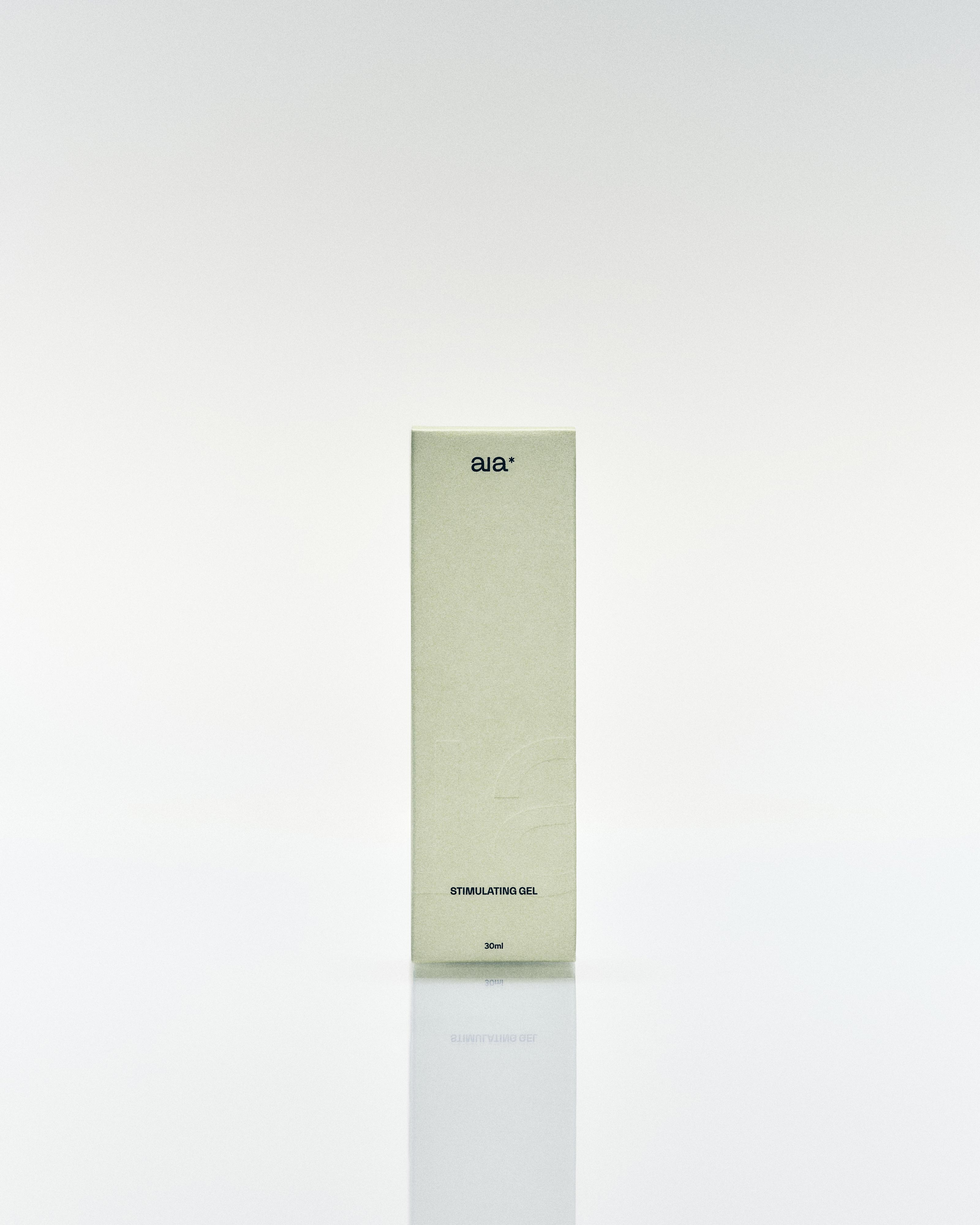 Aia* Stimulating Gel 15ml in minimalist glass bottle with plastic pump and transparent cap, featuring natural water-based formula.