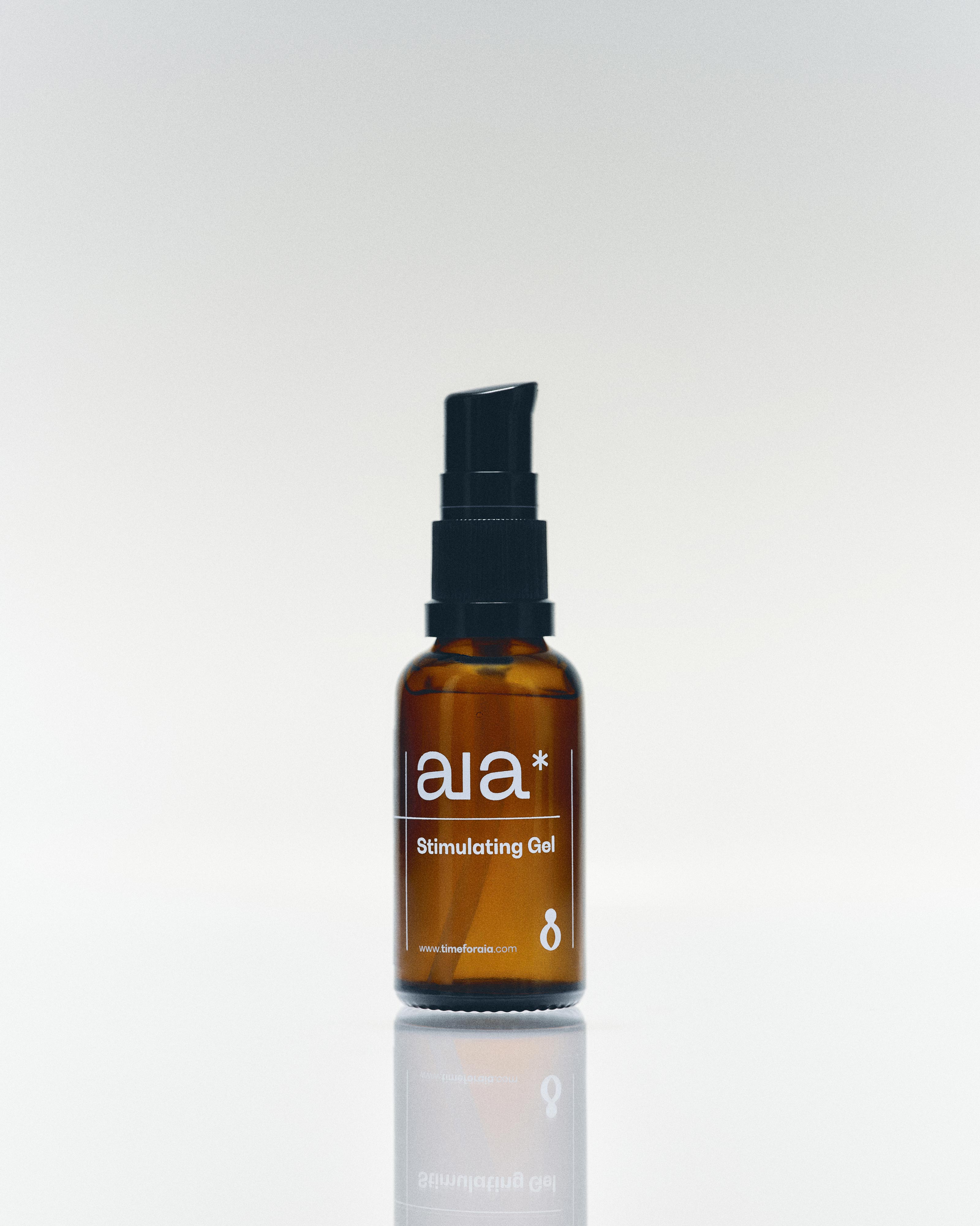 Aia* Stimulating Gel 15ml displayed on white background, showcasing its vegan, paraben-free, and cooling menthol-infused formula.