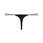 Back view showcasing the thong-style cut of the Maison Close French Kiss Straps Thong in black satin.