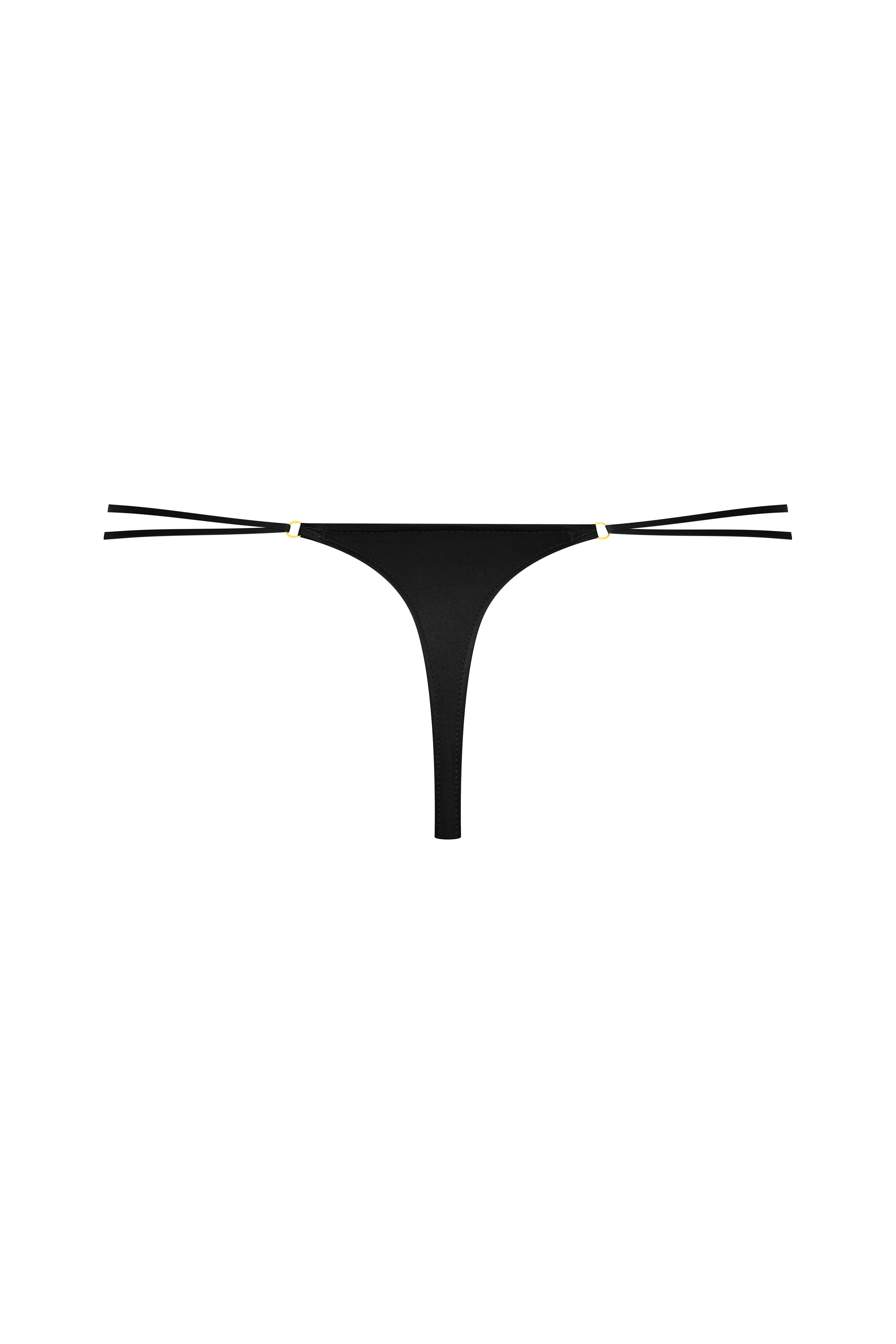 Back view showcasing the thong-style cut of the Maison Close French Kiss Straps Thong in black satin.