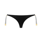 Front view of Maison Close French Kiss Straps Thong in black satin, featuring adjustable side lacing with gold lipstick tips.