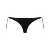 Front view of Maison Close French Kiss Straps Thong in black satin, featuring adjustable side lacing with gold lipstick tips.