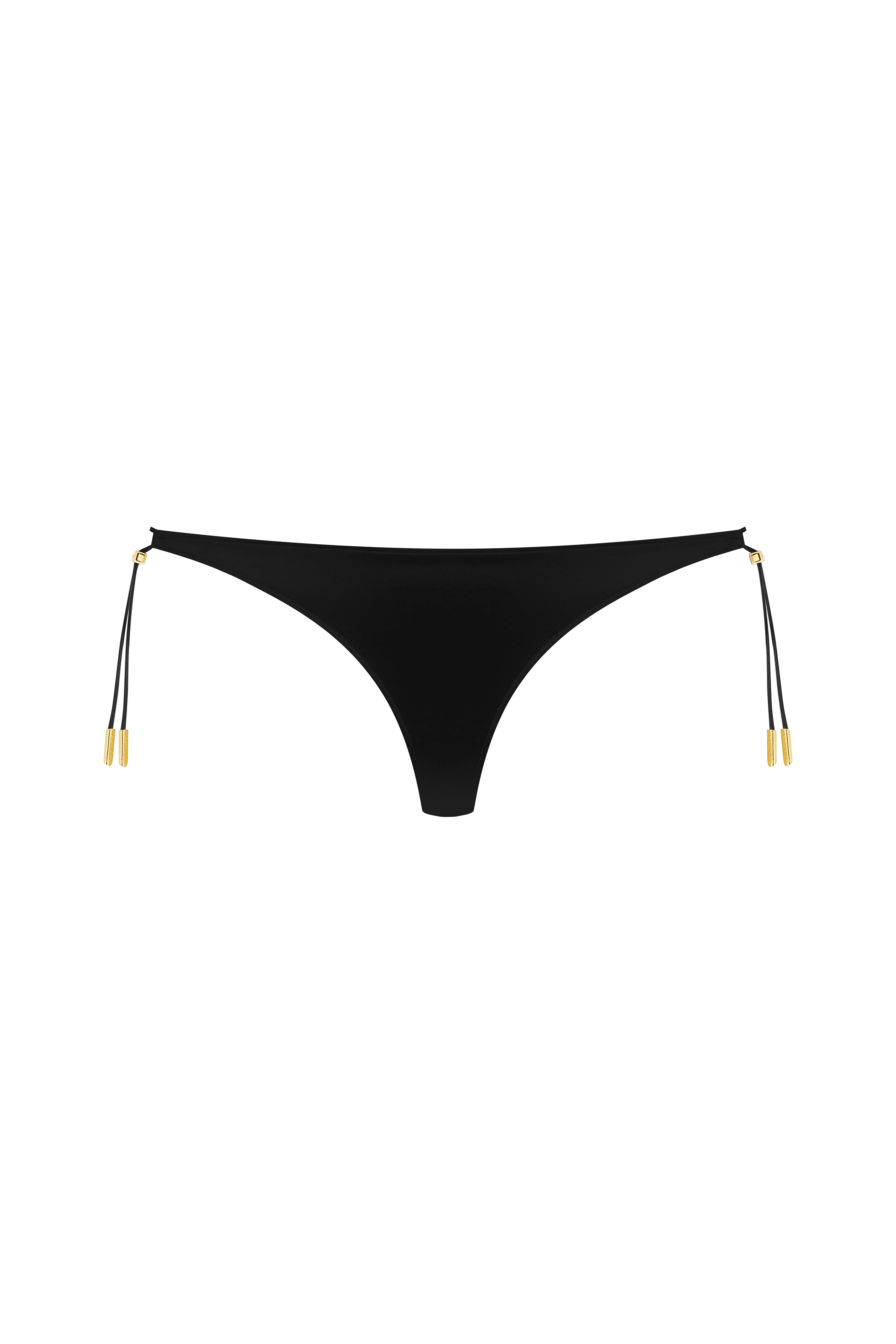 Front view of Maison Close French Kiss Straps Thong in black satin, featuring adjustable side lacing with gold lipstick tips.