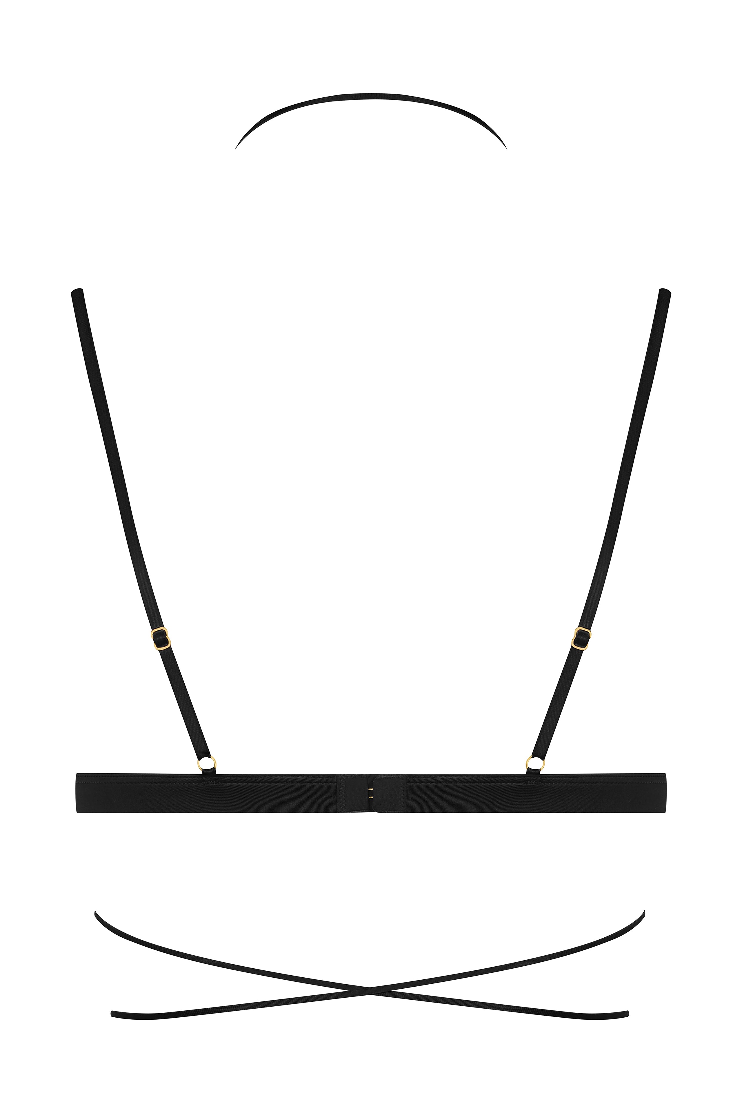 Back view of black triangle bra, showing slim satin straps and Maison Close signature style.