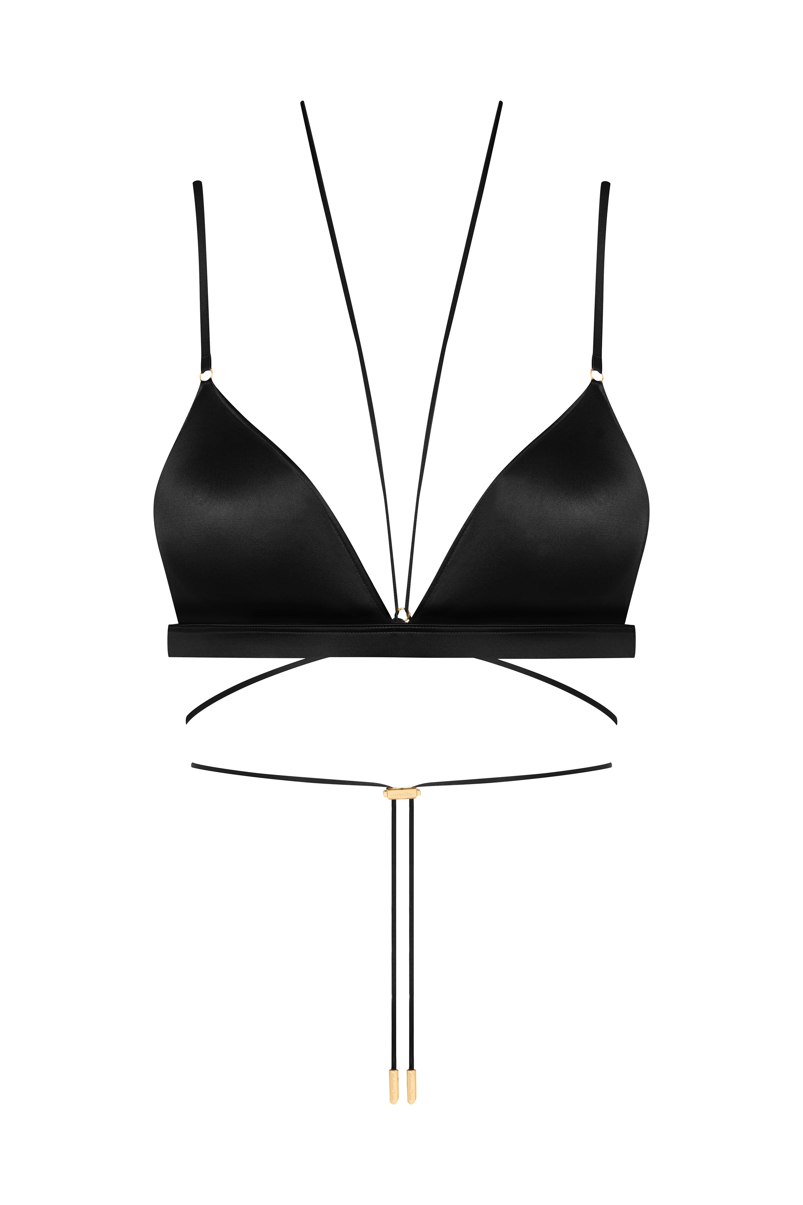 Detailed close-up of black triangle bra fabric and stitching, luxury lingerie finish.