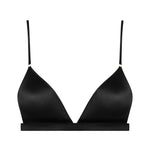 Front view of French Kiss black triangle bra, fine lace trim and adjustable straps.