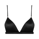 Front view of French Kiss black triangle bra, fine lace trim and adjustable straps.